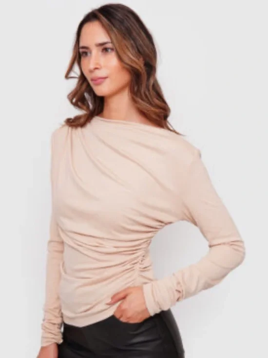 Long Sleeve Draped Neck Top in Light Beige - Picture 5 of 17